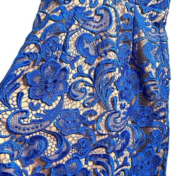 Dress The Population blue lace lined nude dress back zip EUC SZS - Picture 2 of 7